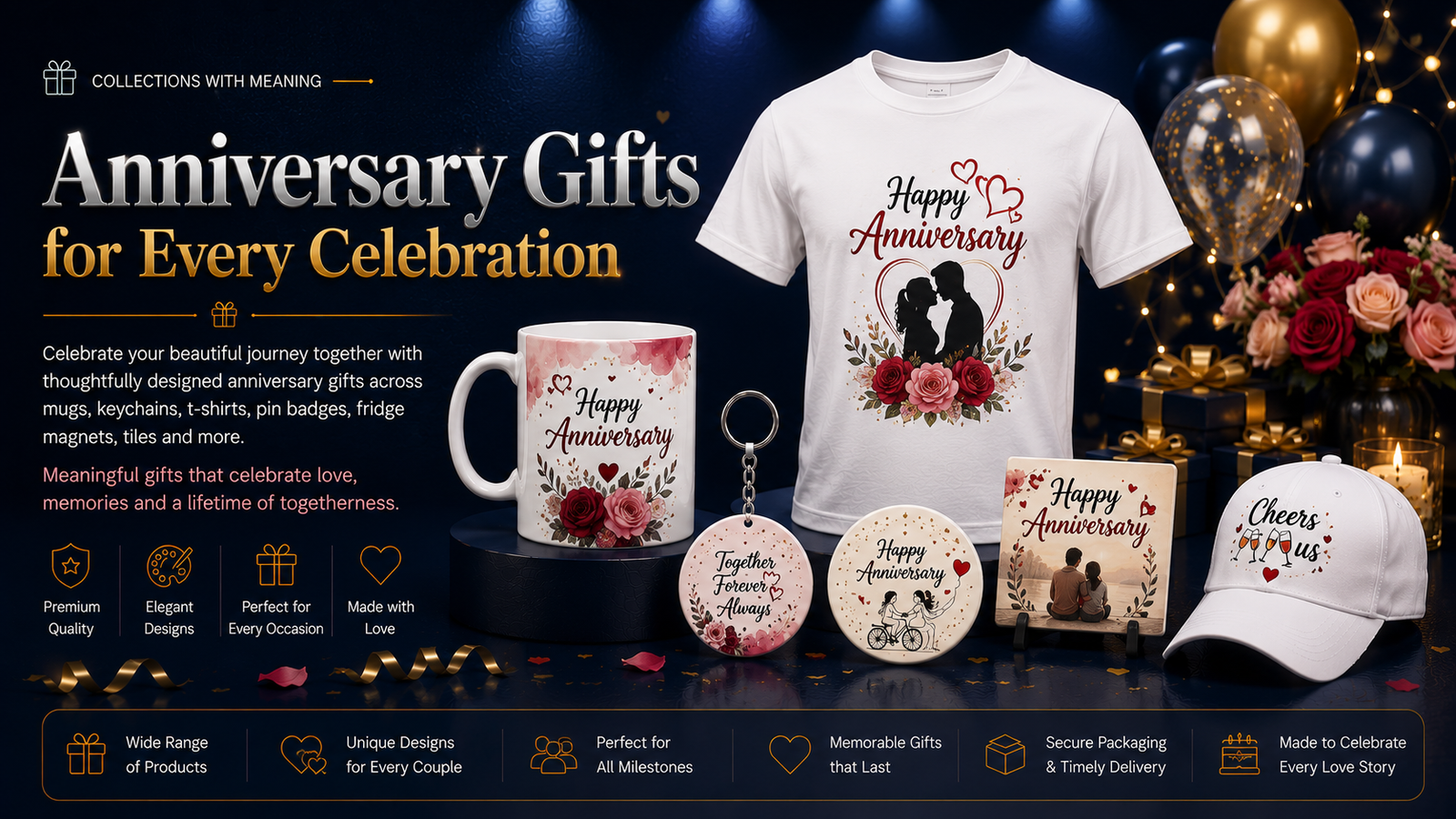 Anniversary gifts across mugs, T-shirts, caps, keychains, pin badges, fridge magnets and tiles