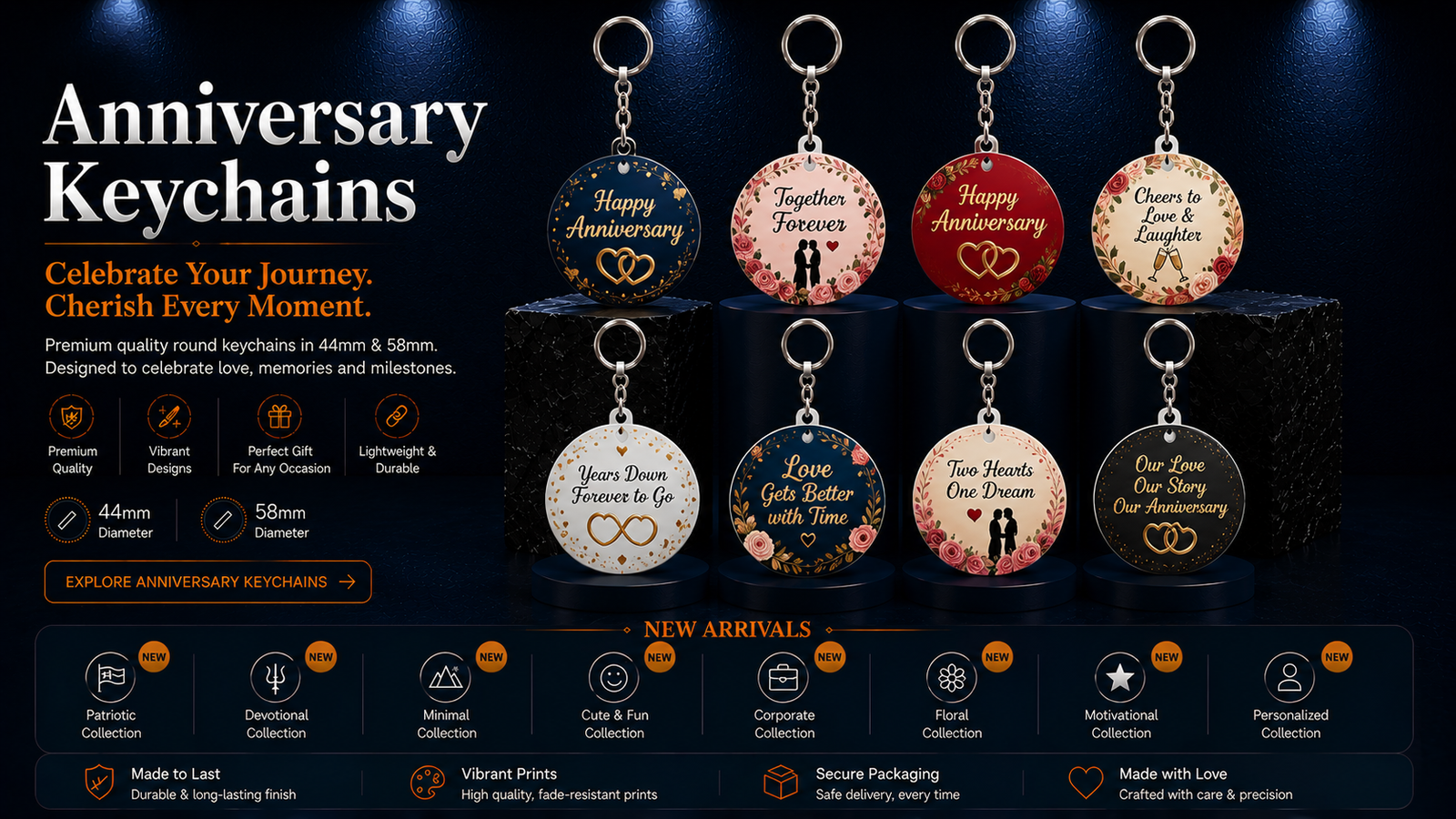 Anniversary round keychains with romantic messages, hearts, floral artwork and milestone designs with chain and ring