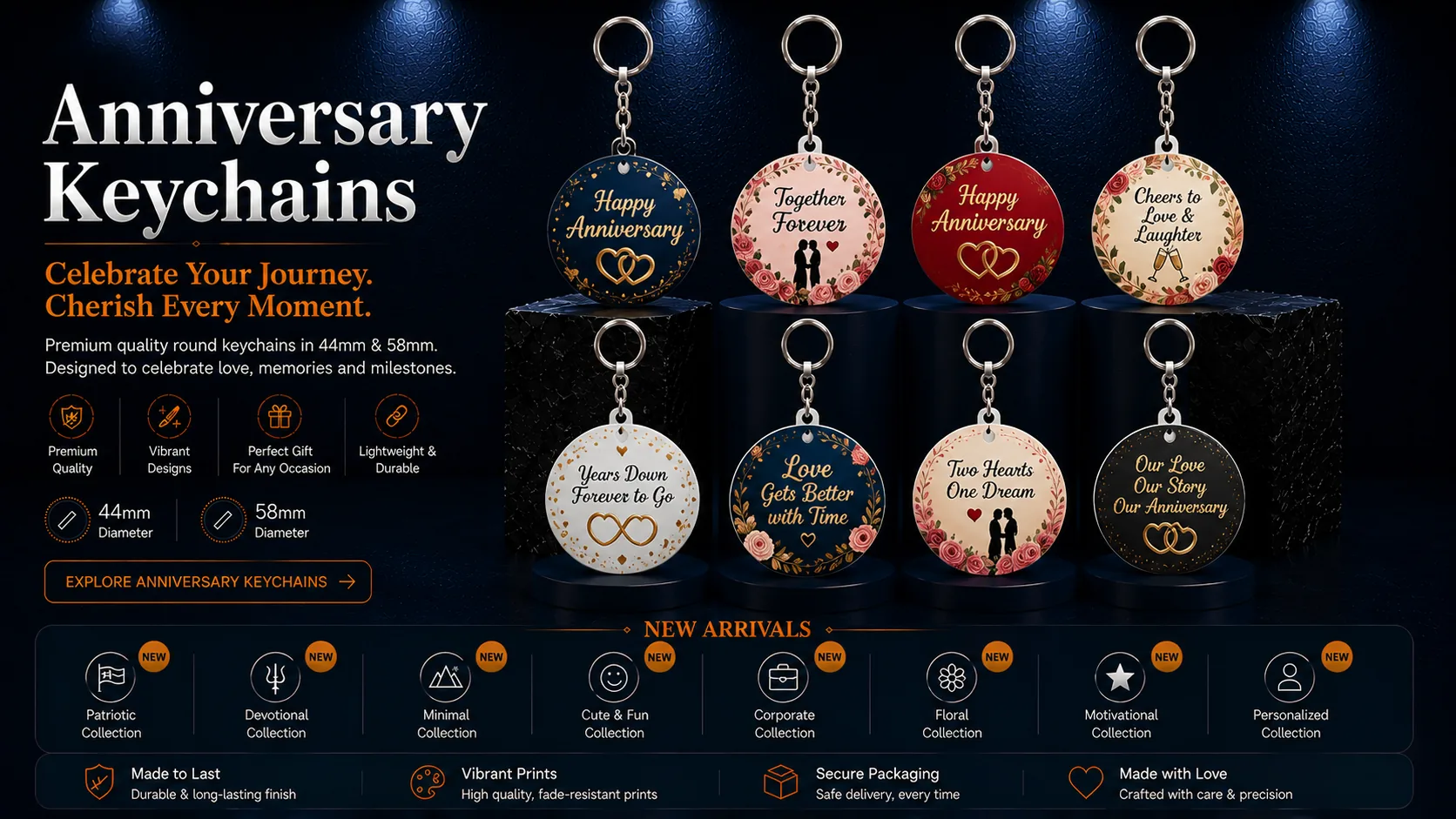 Anniversary round keychains with romantic messages, hearts, floral artwork and milestone designs with chain and ring