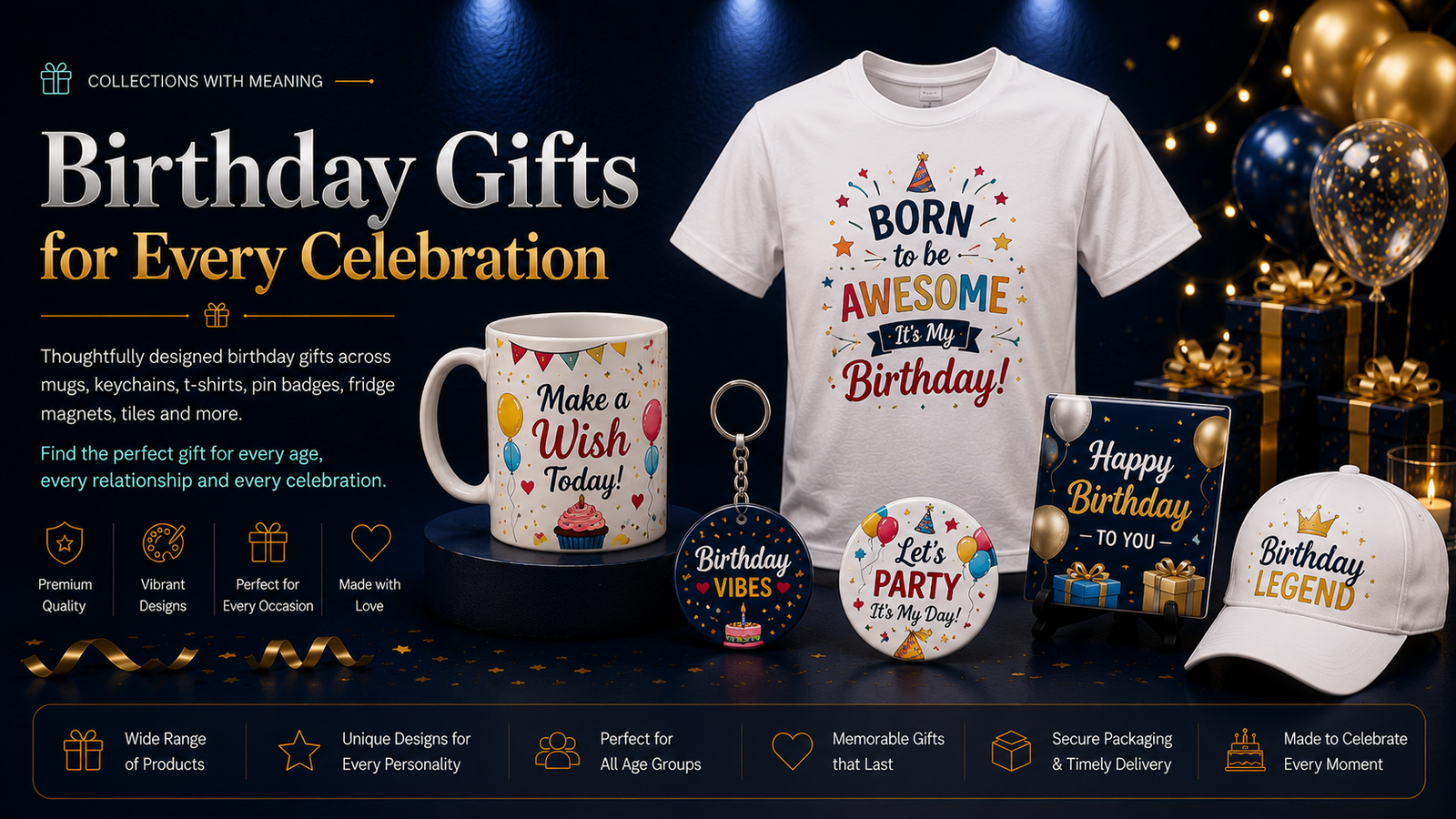 Birthday gifts across mugs, T-shirts, caps, keychains, pin badges, fridge magnets and tiles