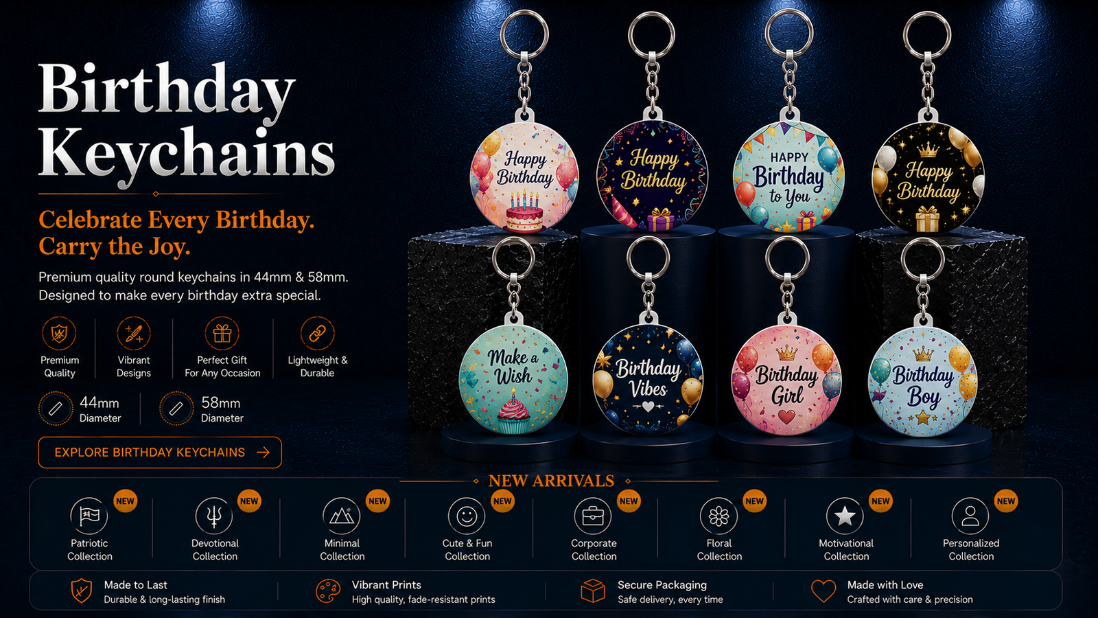 Birthday round keychains with colourful cakes, balloons, wishes, birthday girl and birthday boy designs with chain and ring