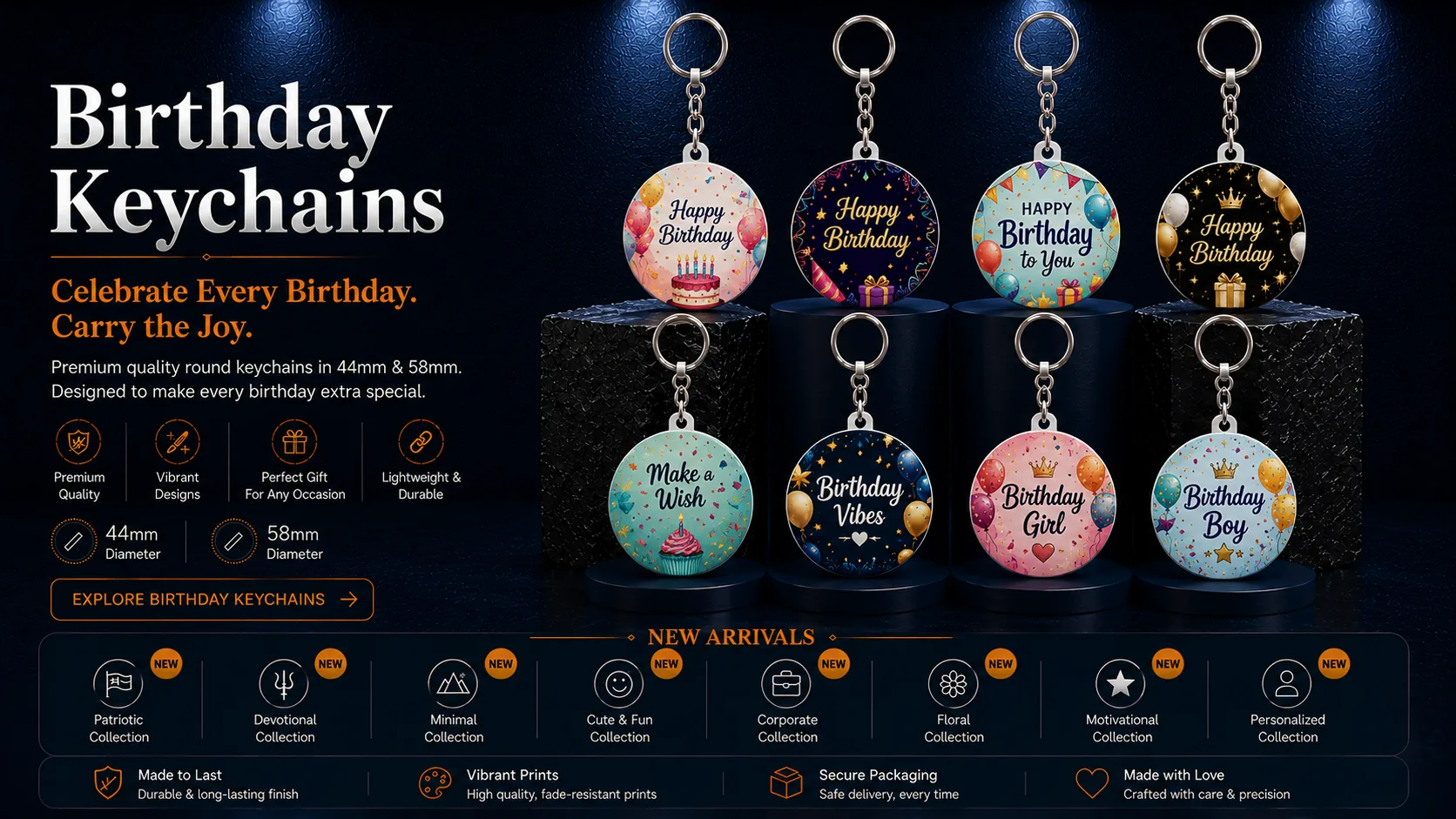 Birthday round keychains with colourful cakes, balloons, wishes, birthday girl and birthday boy designs with chain and ring