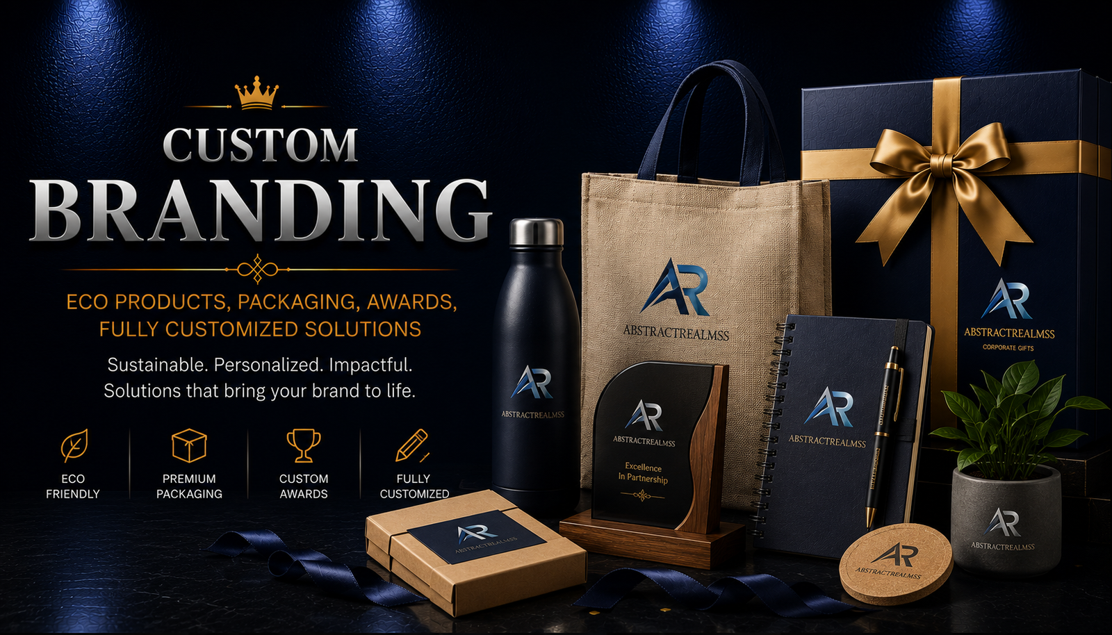 Corporate custom branding solutions including eco products, premium packaging, awards and fully customised products