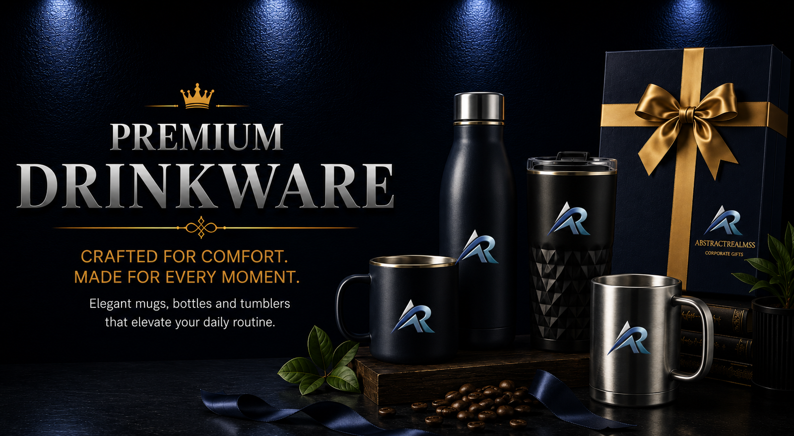Premium corporate drinkware including bottles, flasks, mugs and tumblers