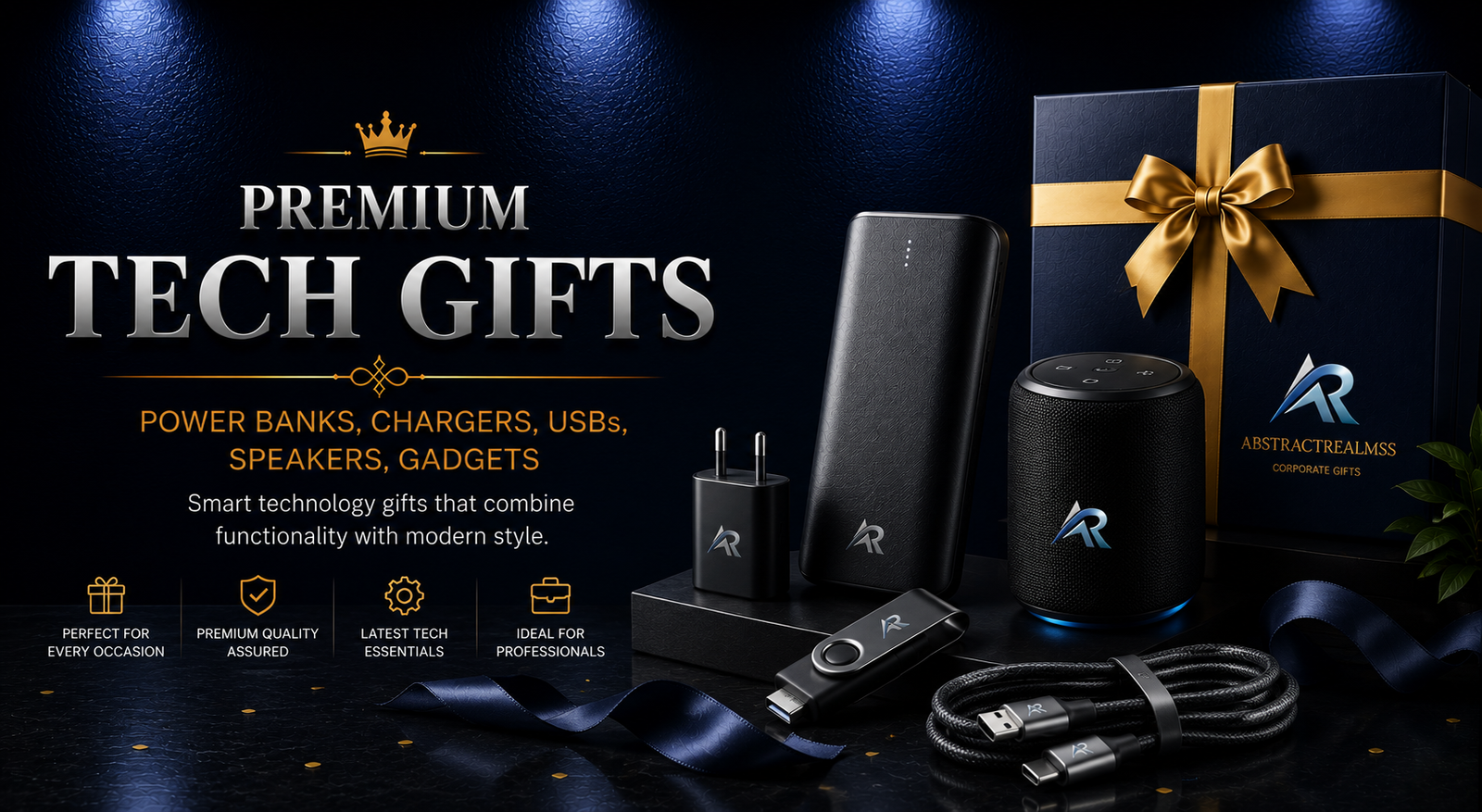 Premium corporate tech gifts including power banks, chargers, USB drives, speakers and smart gadgets