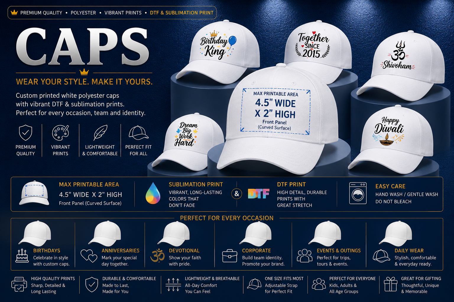 AbstractRealmss premium white cotton caps with DTF and sublimation printing ideas for designer, festival, birthday, anniversary, devotional and corporate use