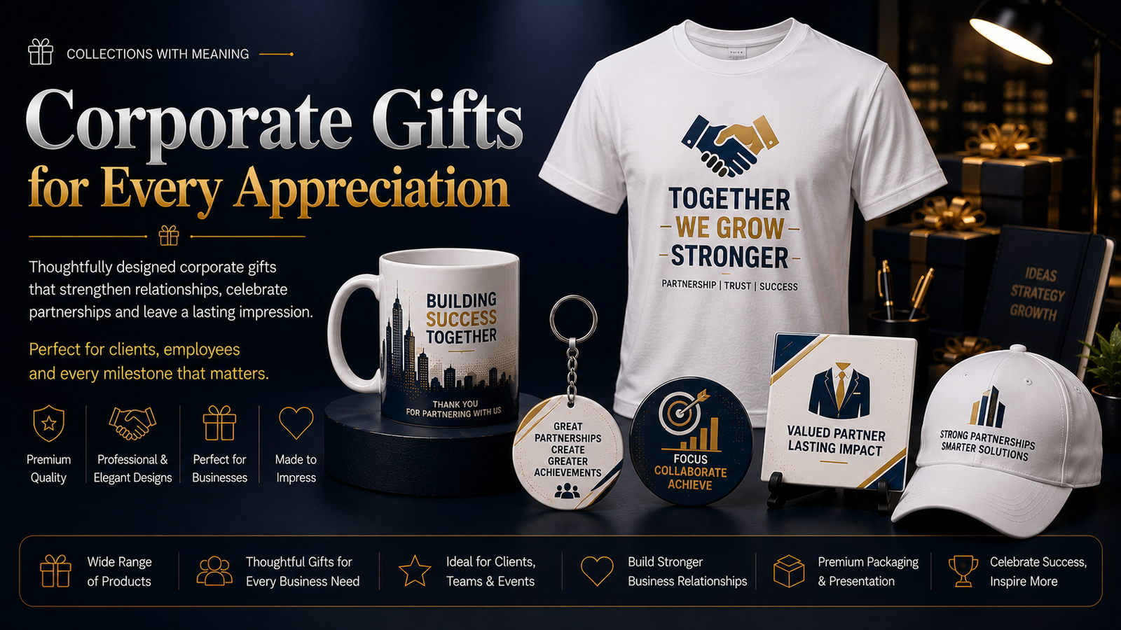 Corporate gifts across mugs, T-shirts, caps, keychains, pin badges, fridge magnets and tiles