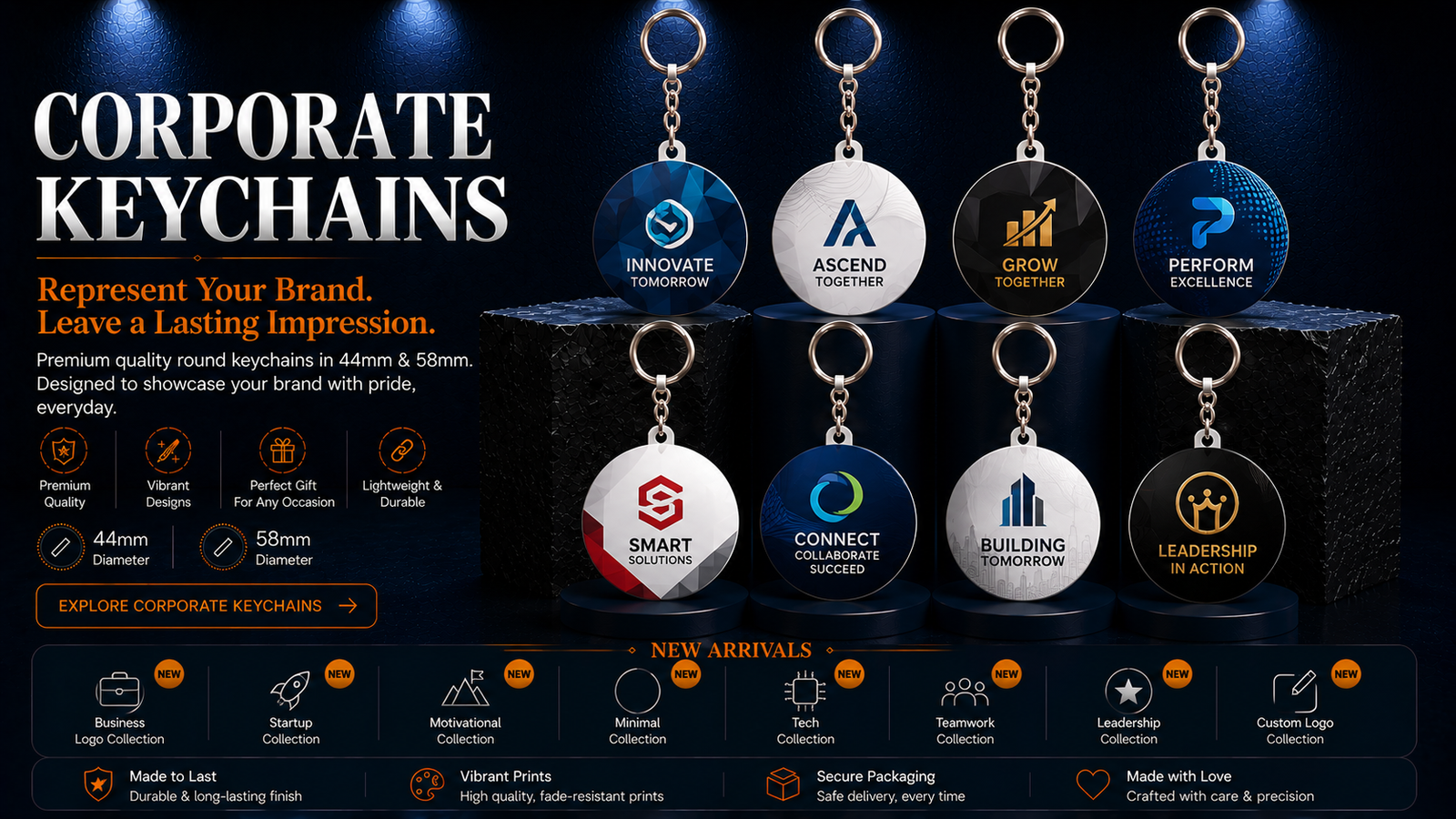 Corporate round keychains featuring logo, teamwork, leadership, growth, performance and business concepts with chain and ring