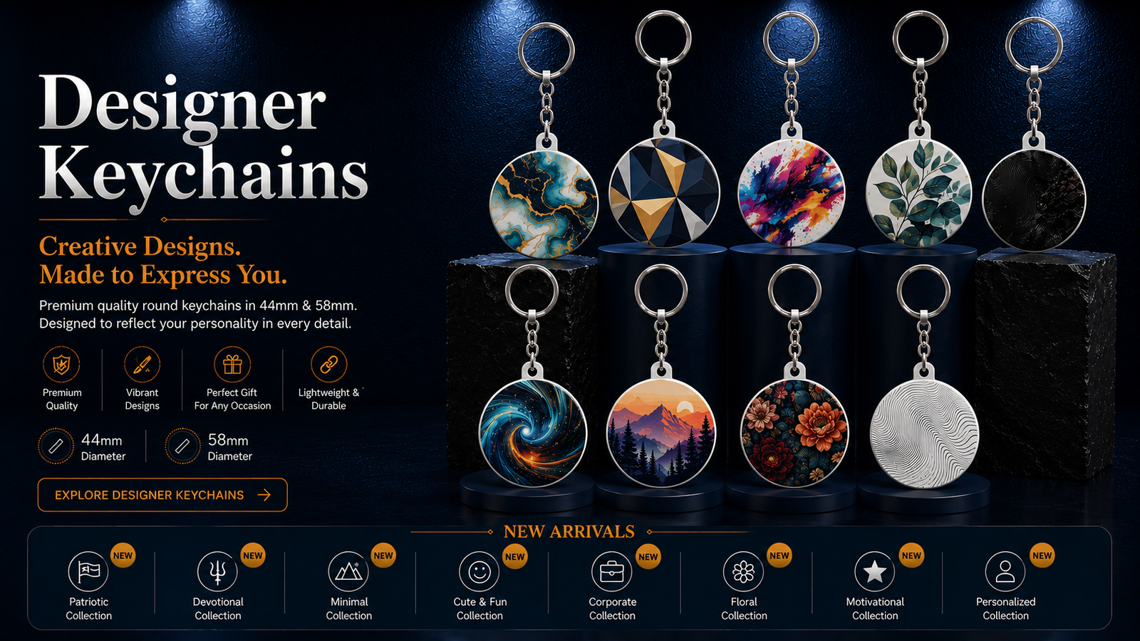 Designer round keychains in abstract, geometric, floral, nature and artistic full-front designs with chain and ring