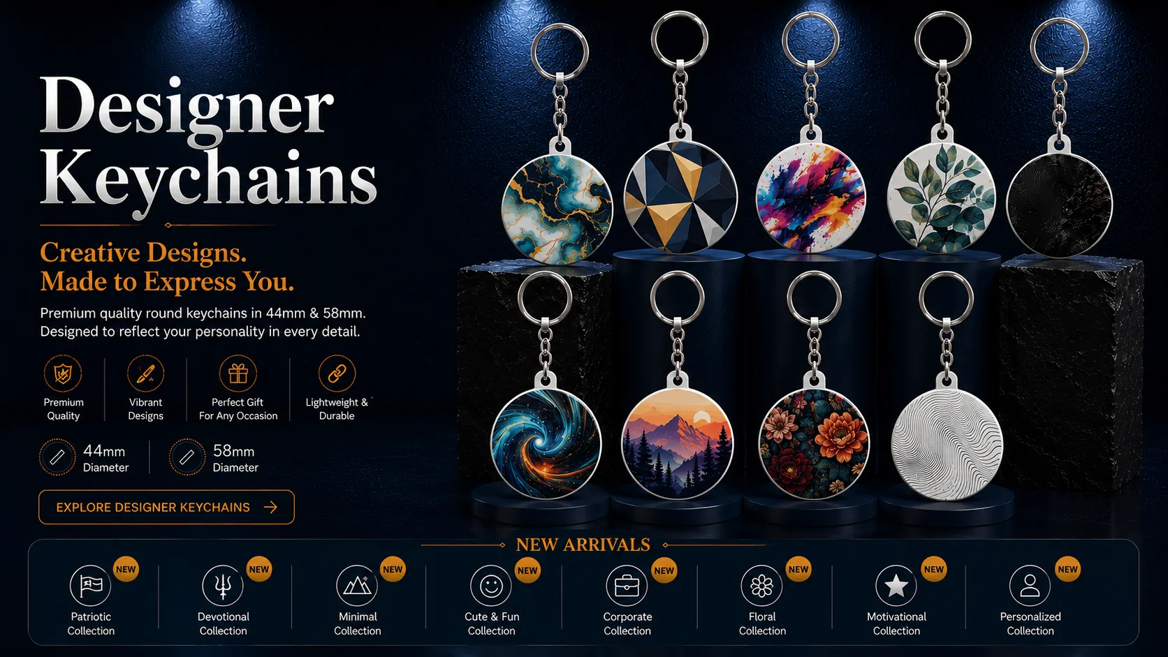 Designer round keychains in abstract, geometric, floral, nature and artistic full-front designs with chain and ring