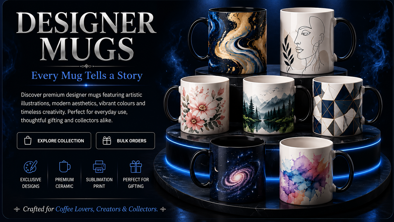 Premium designer mugs displayed in the AbstractRealmss showroom