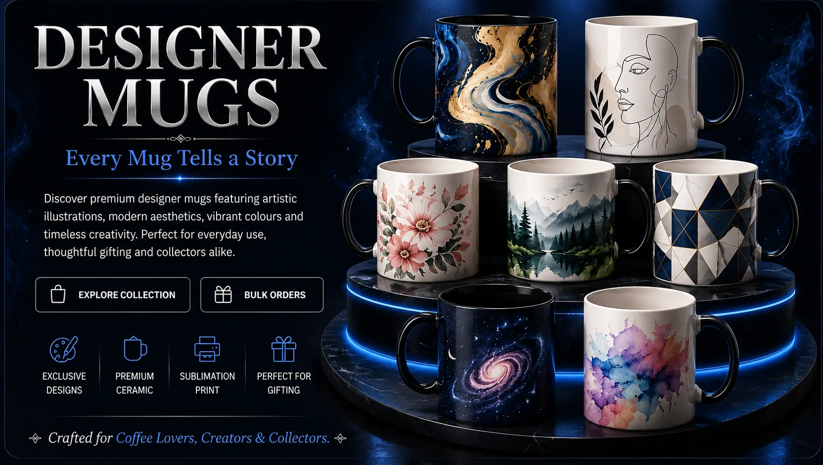 Premium designer mugs displayed in the AbstractRealmss showroom
