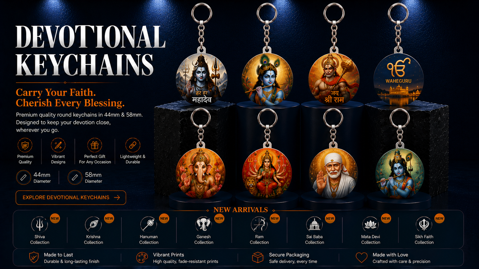 Devotional round keychains featuring Shiva, Krishna, Hanuman, Waheguru, Ganesha, Mata Devi, Sai Baba and Ram with chain and ring
