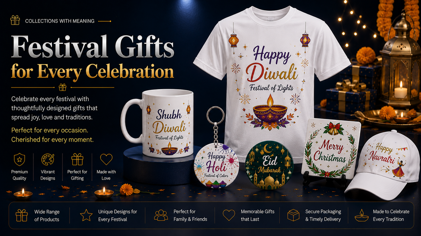 Festival gifts across mugs, T-shirts, caps, keychains, pin badges, fridge magnets and tiles