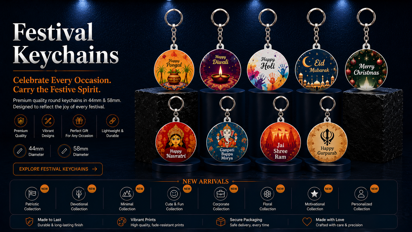 Festival round keychains for Pongal, Diwali, Holi, Eid, Christmas, Navratri, Ganesh festival, Ram and Gurpurab with chain and ring