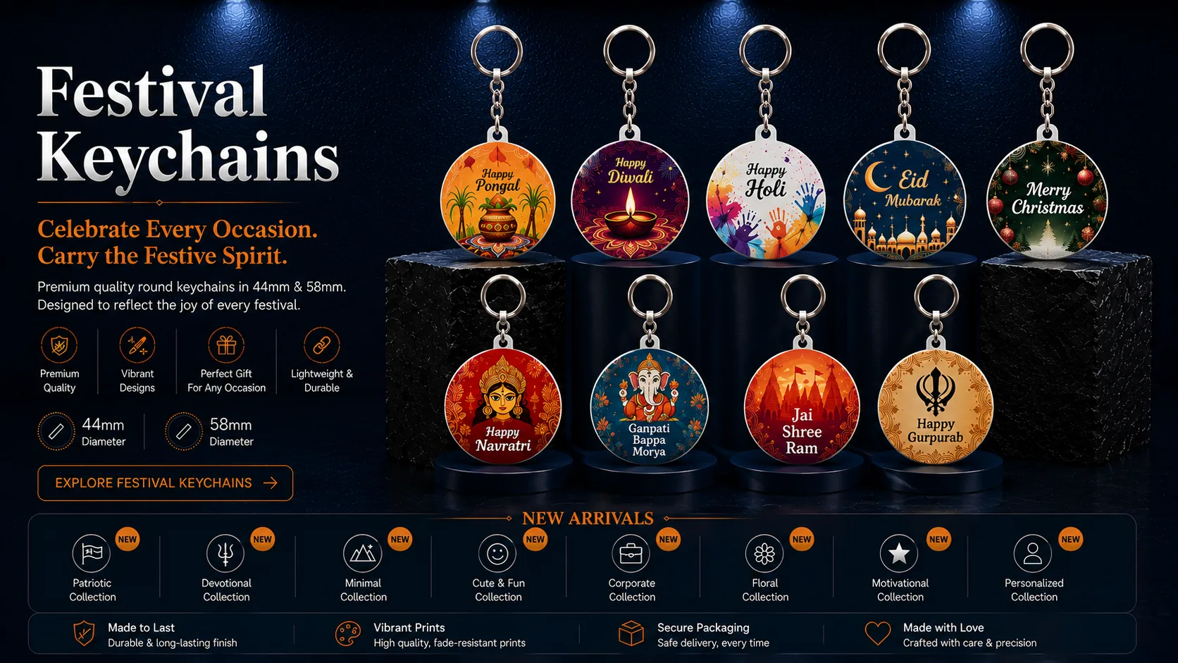 Festival round keychains for Pongal, Diwali, Holi, Eid, Christmas, Navratri, Ganesh festival, Ram and Gurpurab with chain and ring
