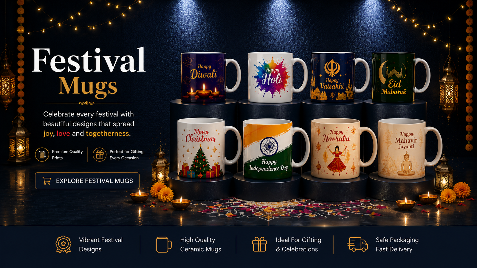 Festival mugs for Diwali, Holi, Vaisakhi, Eid, Christmas, Independence Day, Navratri and Mahavir Jayanti