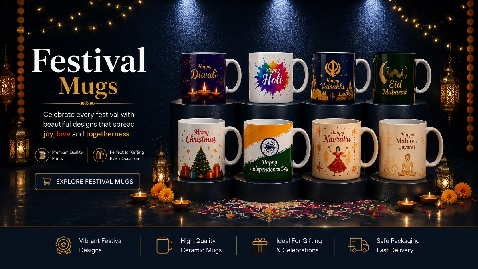Festival mugs for Diwali, Holi, Vaisakhi, Eid, Christmas, Independence Day, Navratri and Mahavir Jayanti