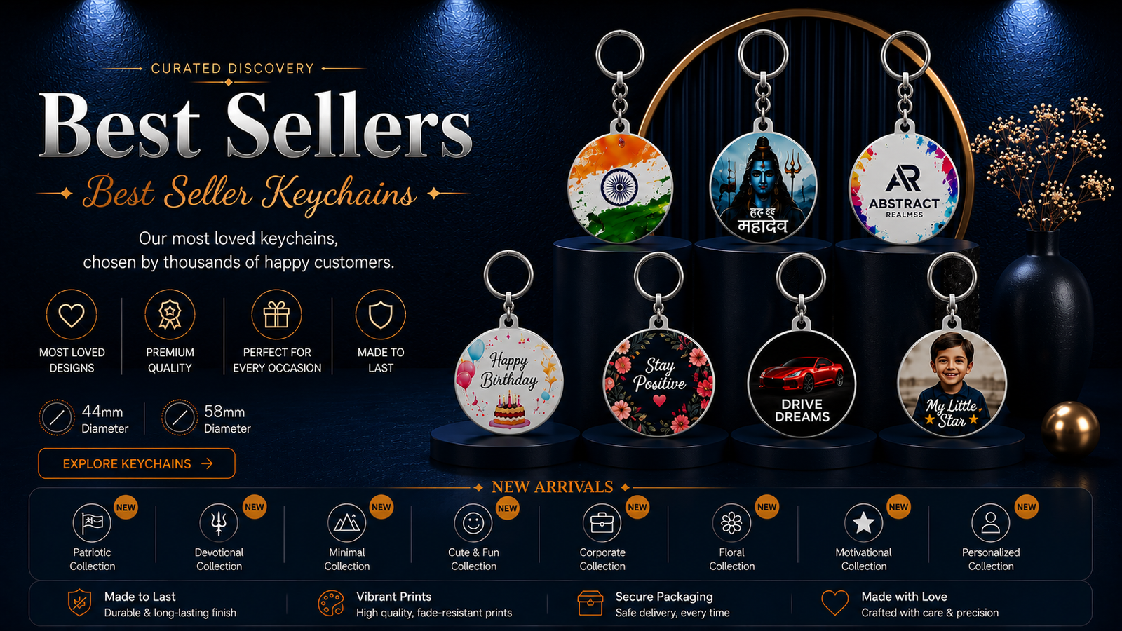 Bestselling keychains from Designer, Festival, Birthday, Anniversary, Devotional and Corporate collections