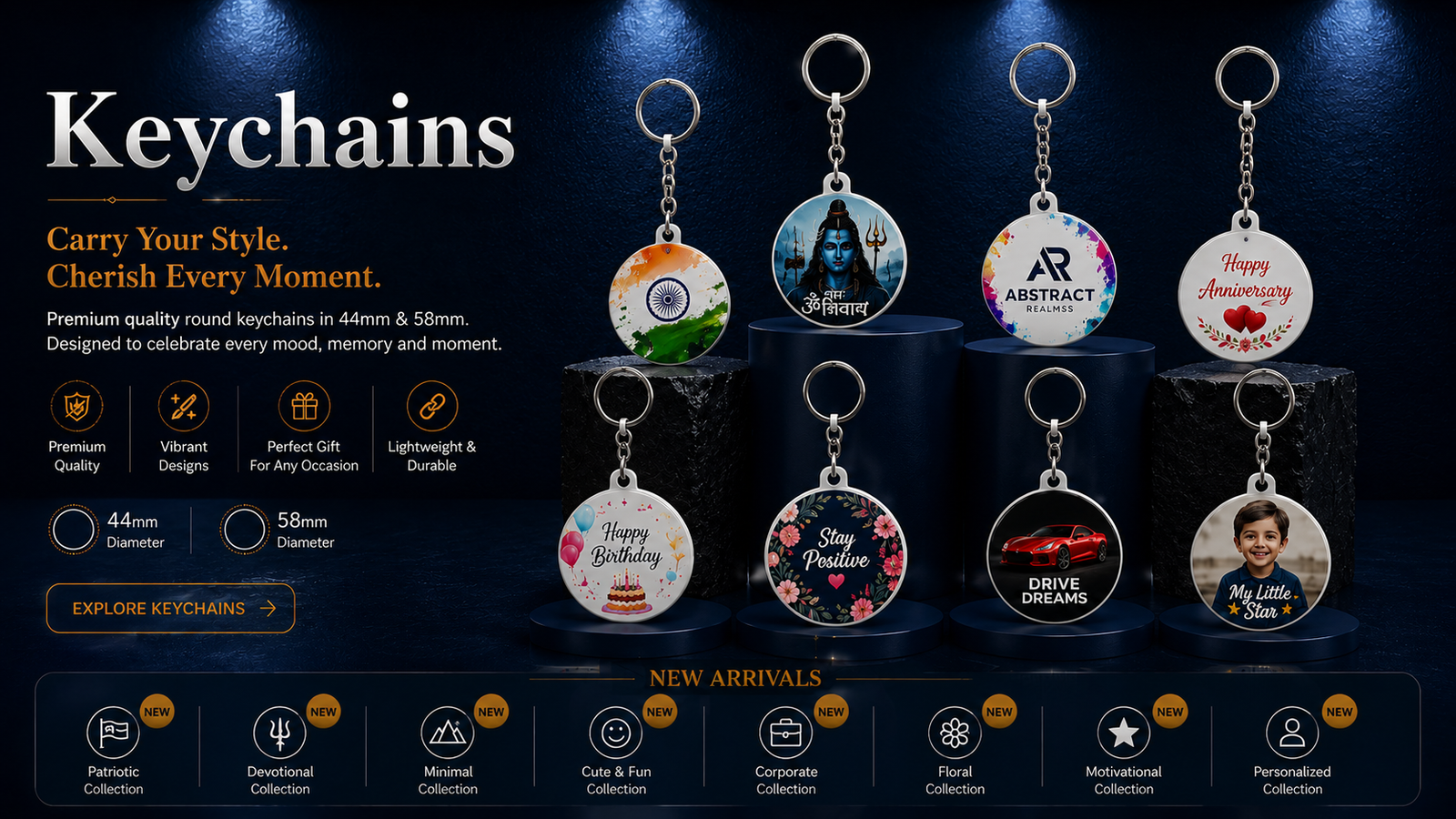 AbstractRealmss premium keychains collection displayed in the official navy showroom