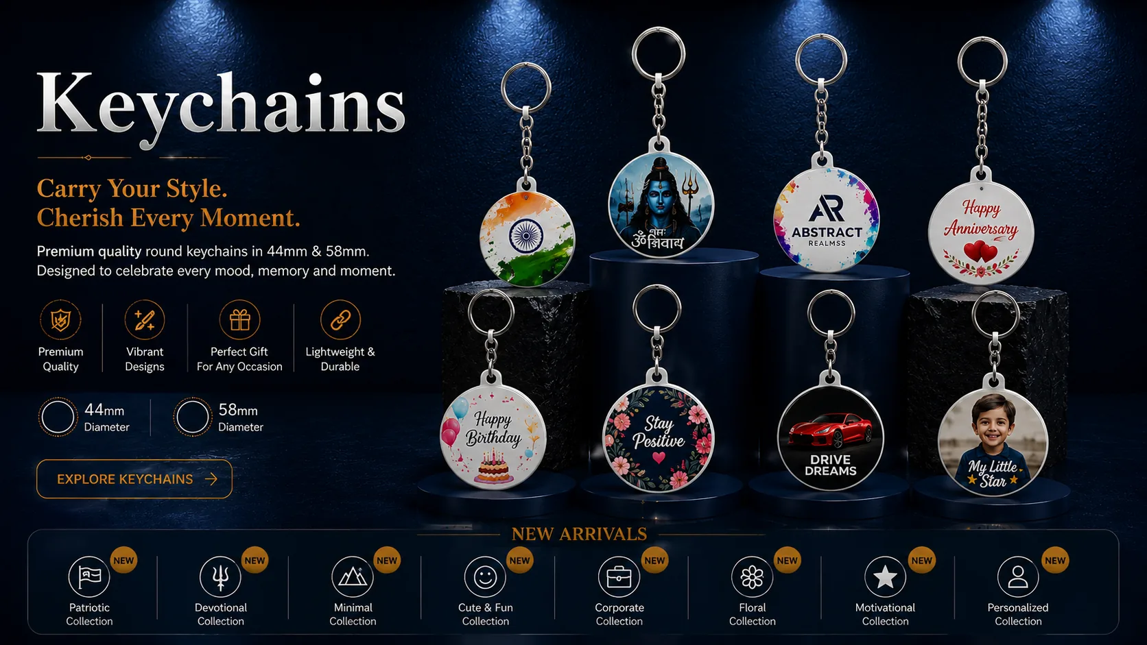 AbstractRealmss premium keychains collection displayed in the official navy showroom