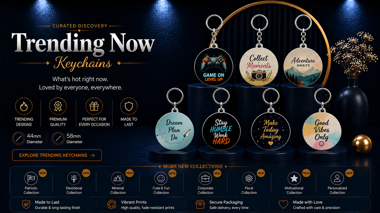 Trending keychains from Designer, Festival, Birthday, Anniversary, Devotional and Corporate collections