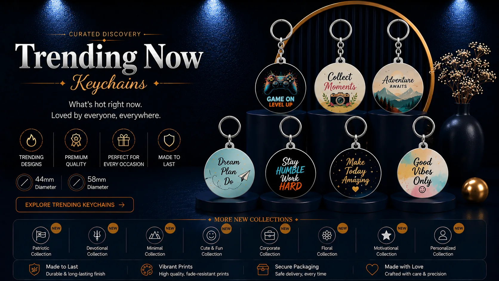 Trending keychains from Designer, Festival, Birthday, Anniversary, Devotional and Corporate collections