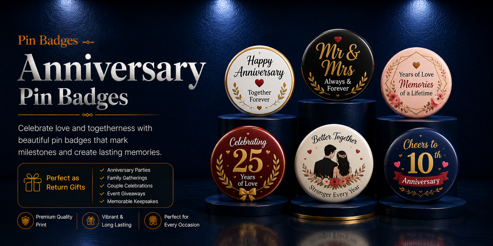 Premium anniversary pin badges for couples, milestones, family celebrations and personalised occasions