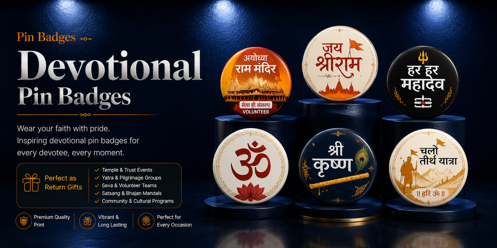 Premium devotional pin badges inspired by Shri Ram, Mahadev, Shri Krishna, Om, temple seva and sacred journeys