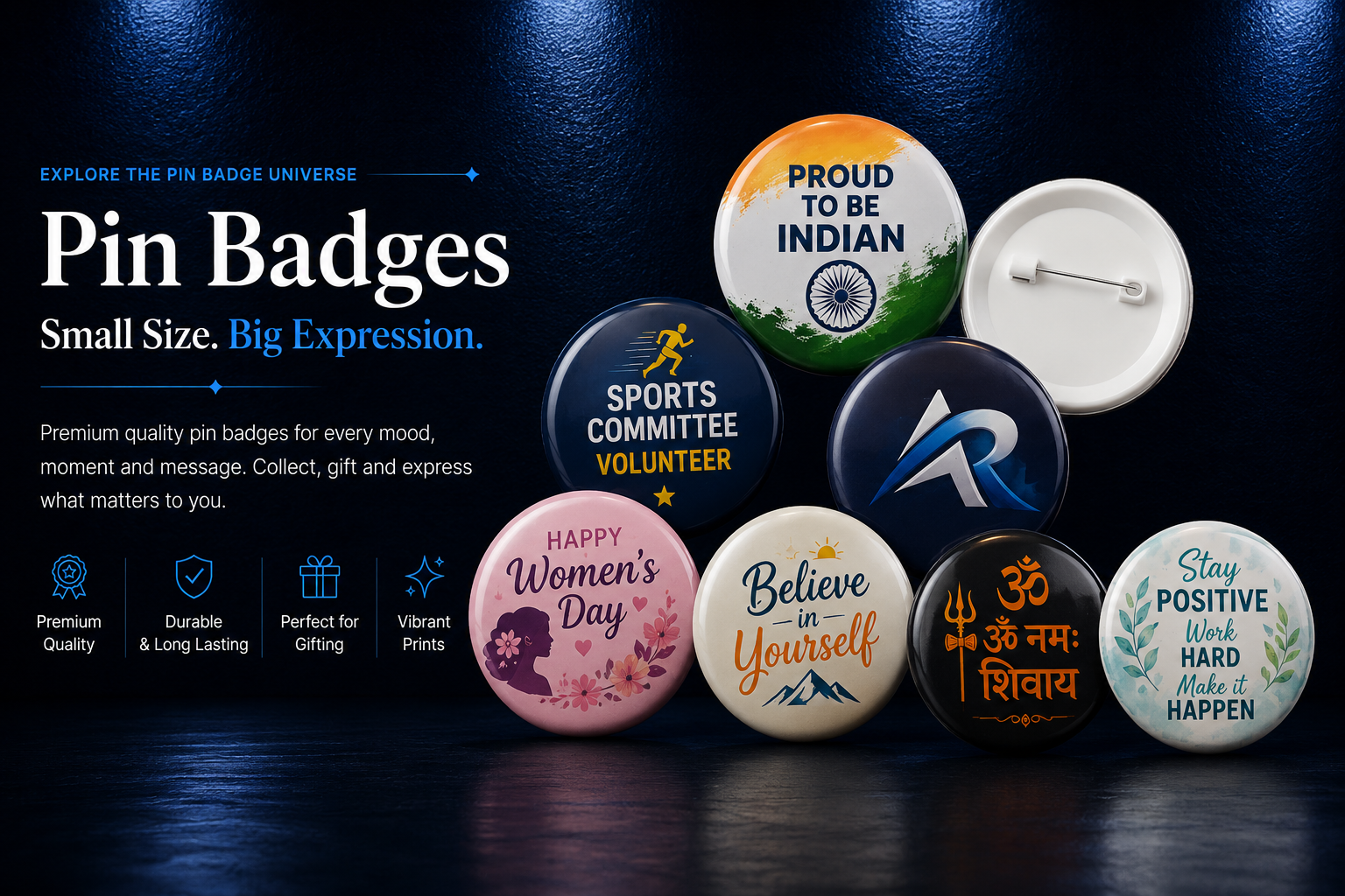 AbstractRealmss premium pin badges collection displayed in the official navy showroom