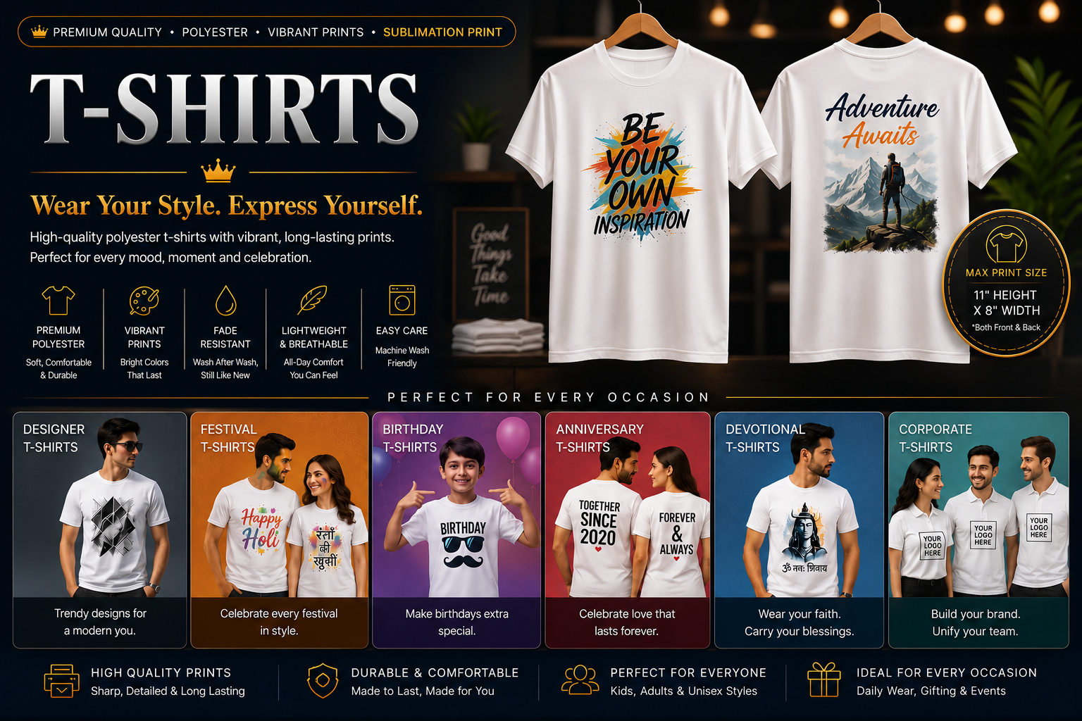 AbstractRealmss premium white polyester sublimation T-shirts with designer, festival, birthday, anniversary, devotional and corporate styling ideas