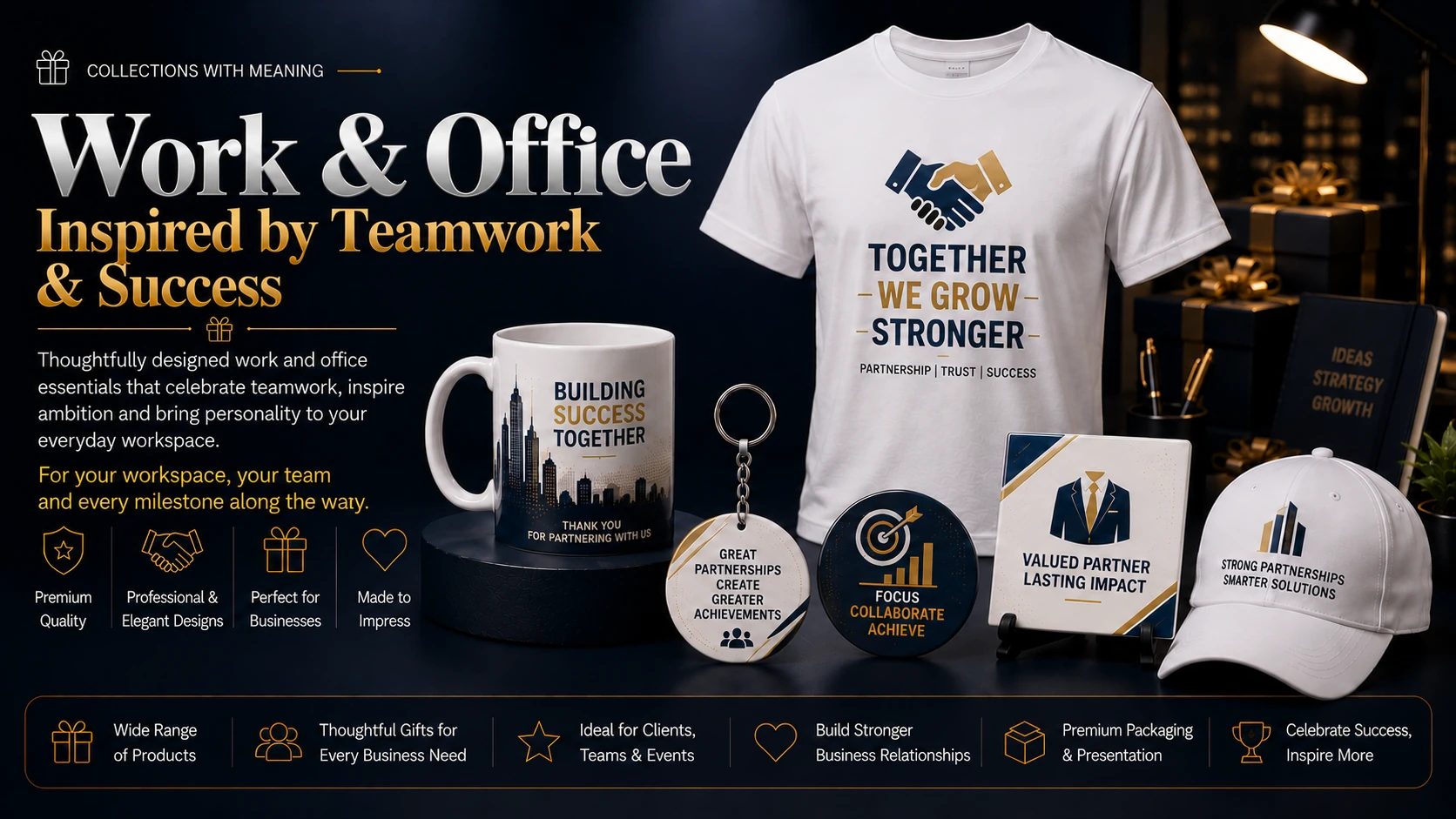Work & Office – Inspired by Teamwork & Success – Corporate gifts across mugs, T-shirts, caps, keychains, pin badges, fridge magnets and tiles