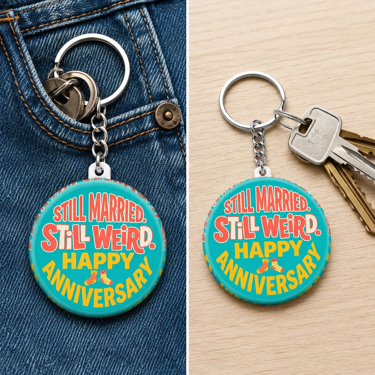 Turquoise Still Married Still Weird Anniversary Keychain view 3