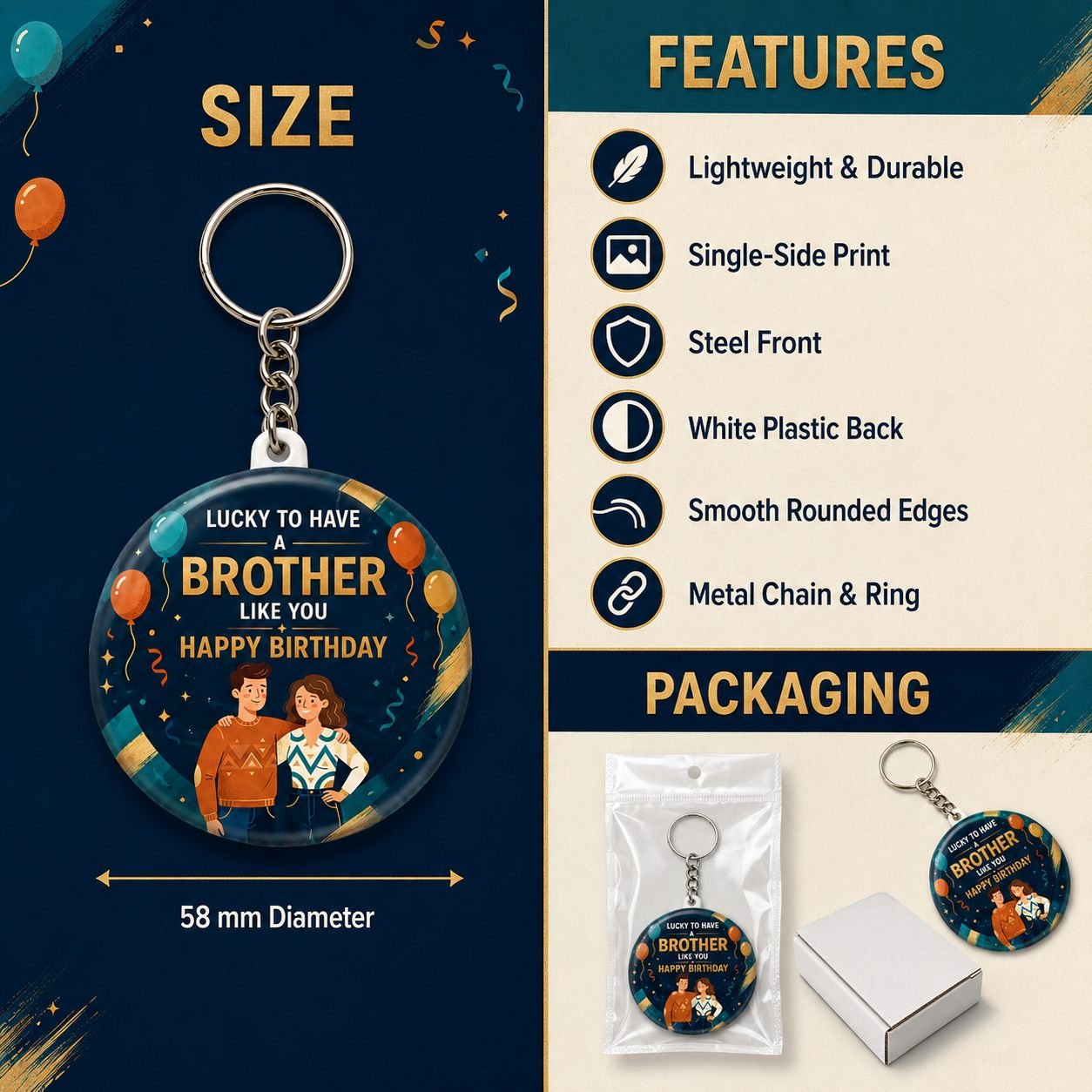 Navy Gold Brother Birthday Keychain view 5