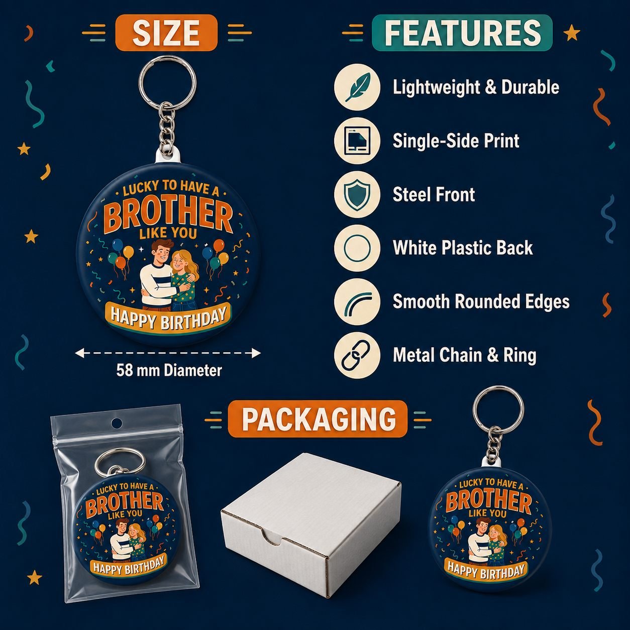 Bold Orange Brother Birthday Keychain view 5