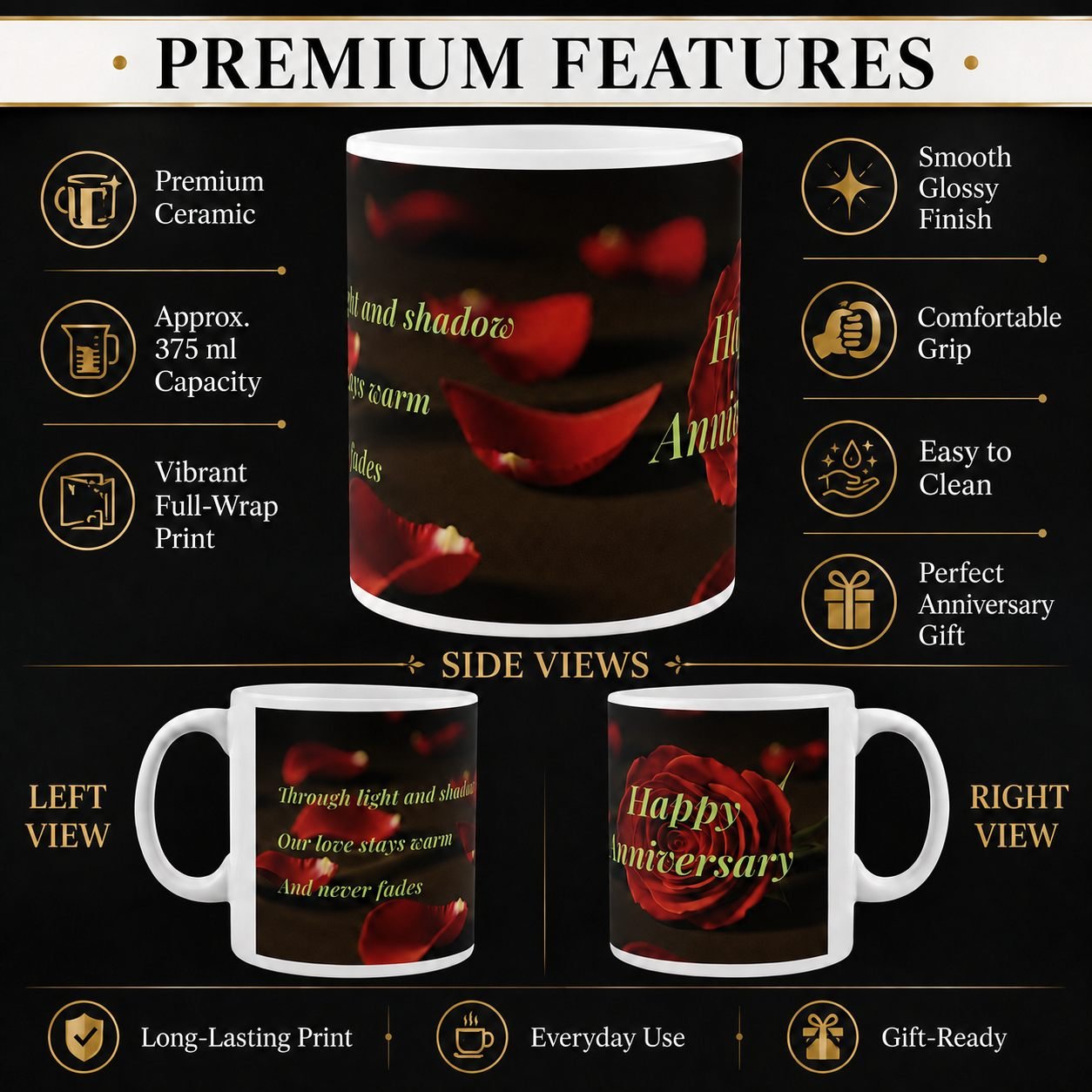 Through Light and Shadow Red Rose Anniversary Mug – 325 ml view 12