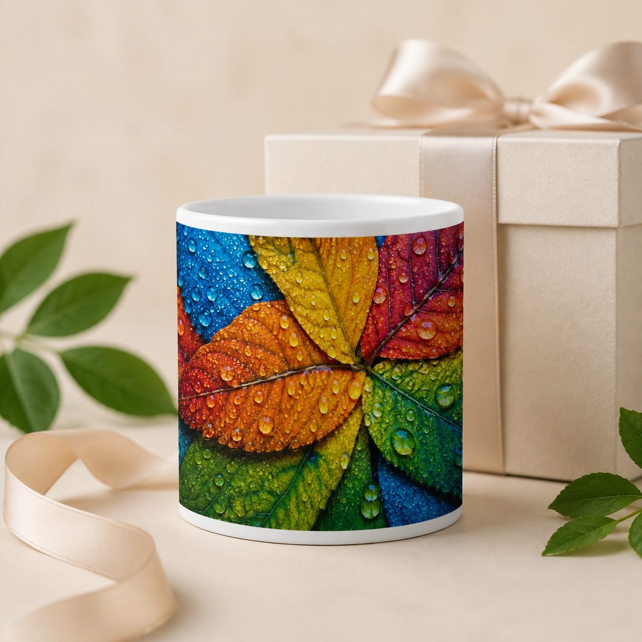 Rain-Kissed Colourful Leaves Designer Ceramic Mug view 4