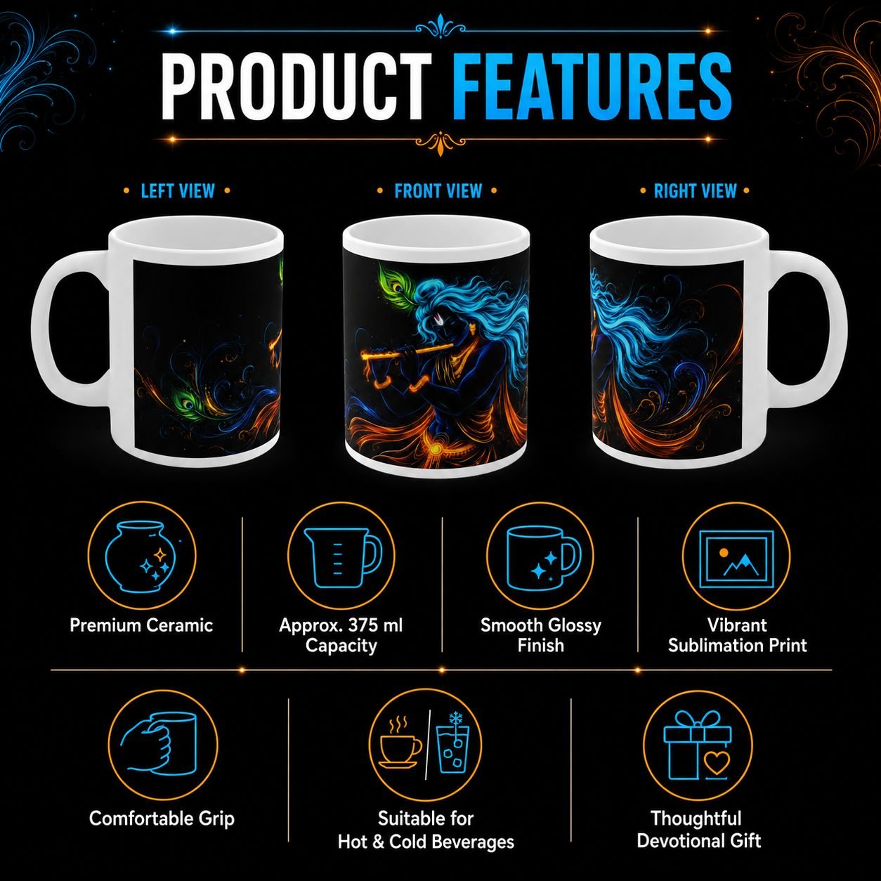 Neon Divine Flute Lord Krishna Mug – 325 ml view 11
