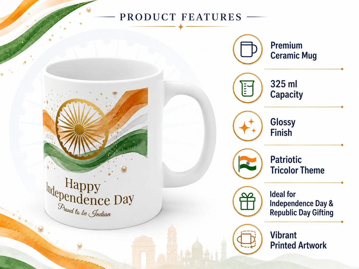 Proud Indian Tricolour Waves Festival Ceramic Mug view 11