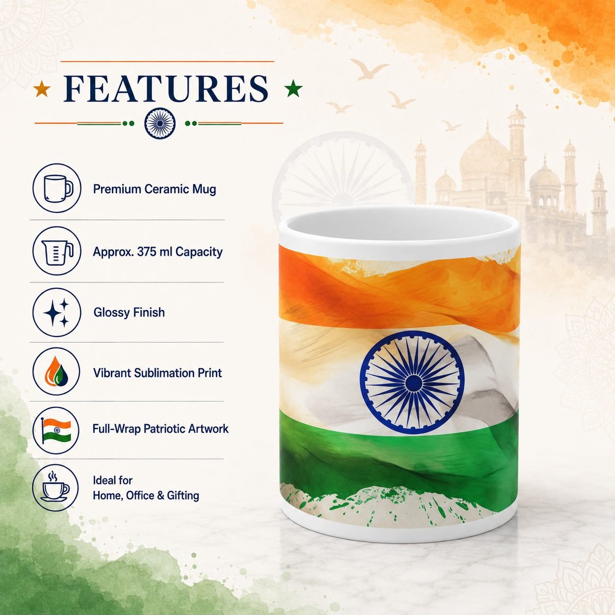 Artistic Indian Flag Festival Ceramic Mug view 12