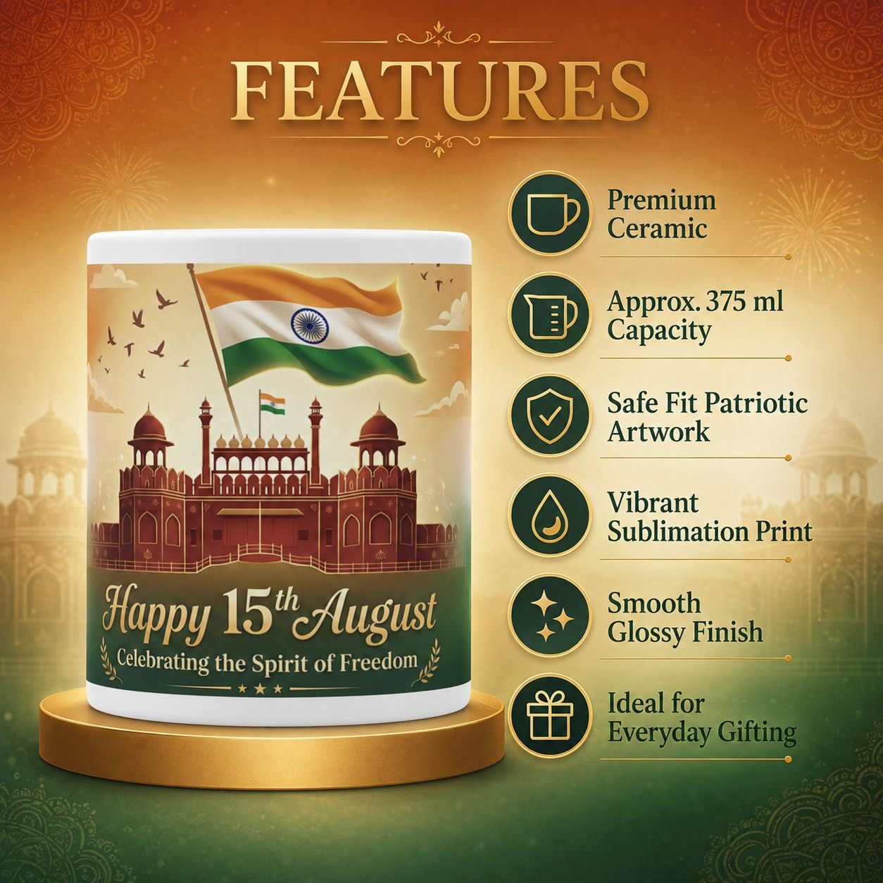 Red Fort Happy 15th August Festival Ceramic Mug view 9