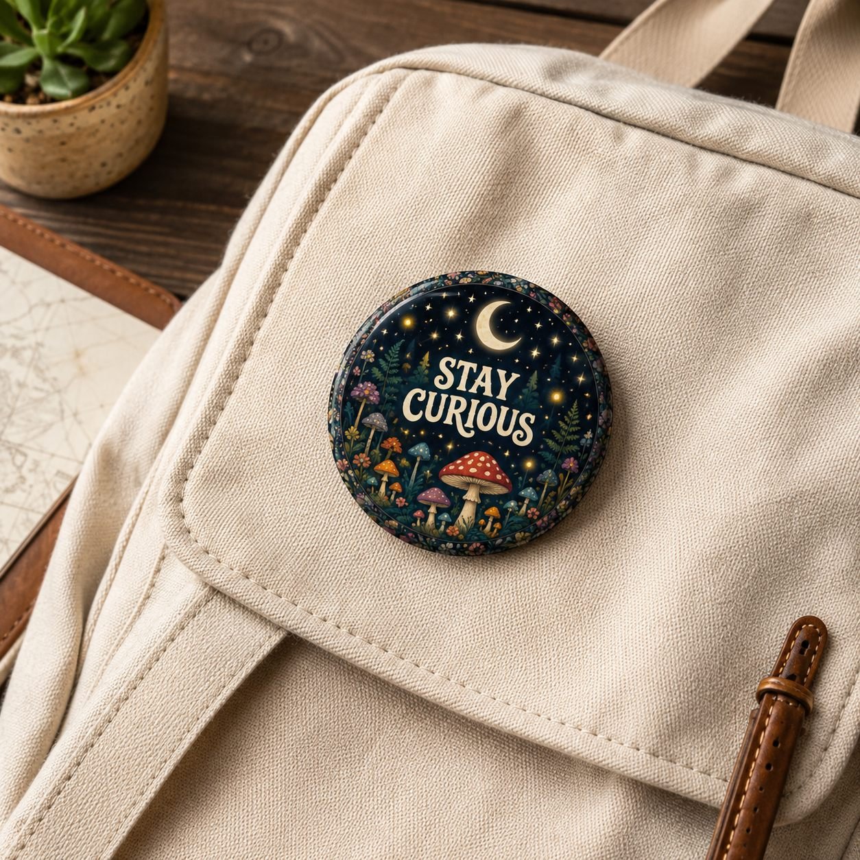 Stay Curious Moon and Mushroom Pin Badge view 3