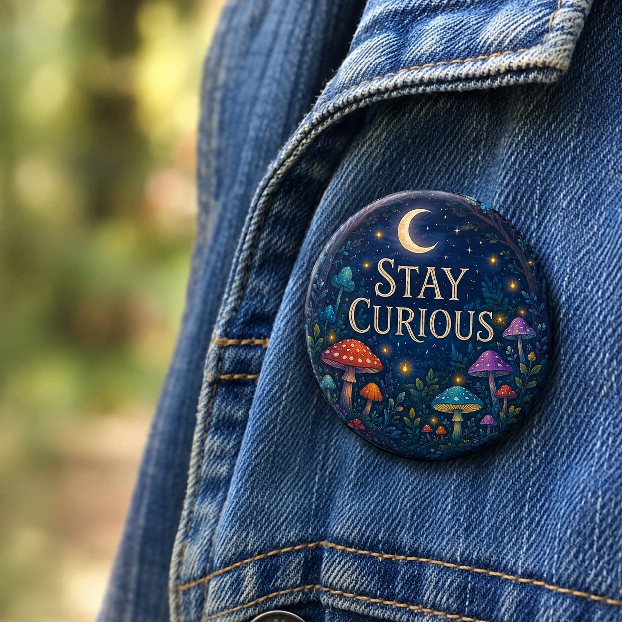 Stay Curious Moon and Mushroom Pin Badge view 4