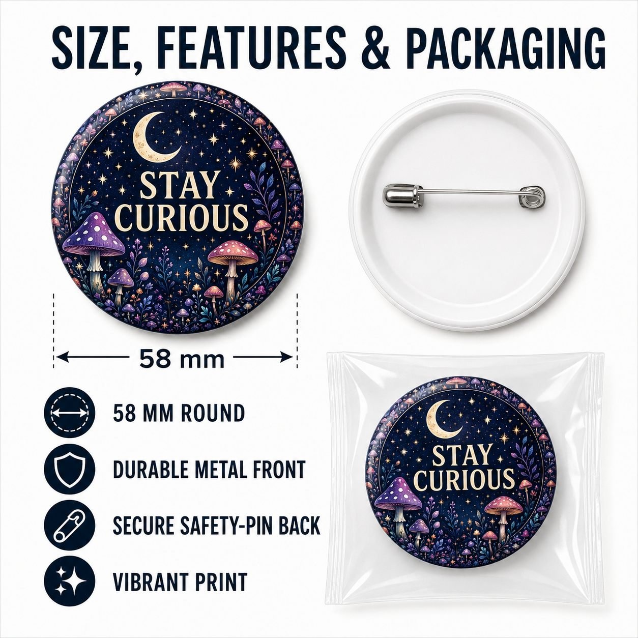 Stay Curious Moon and Mushroom Pin Badge view 5