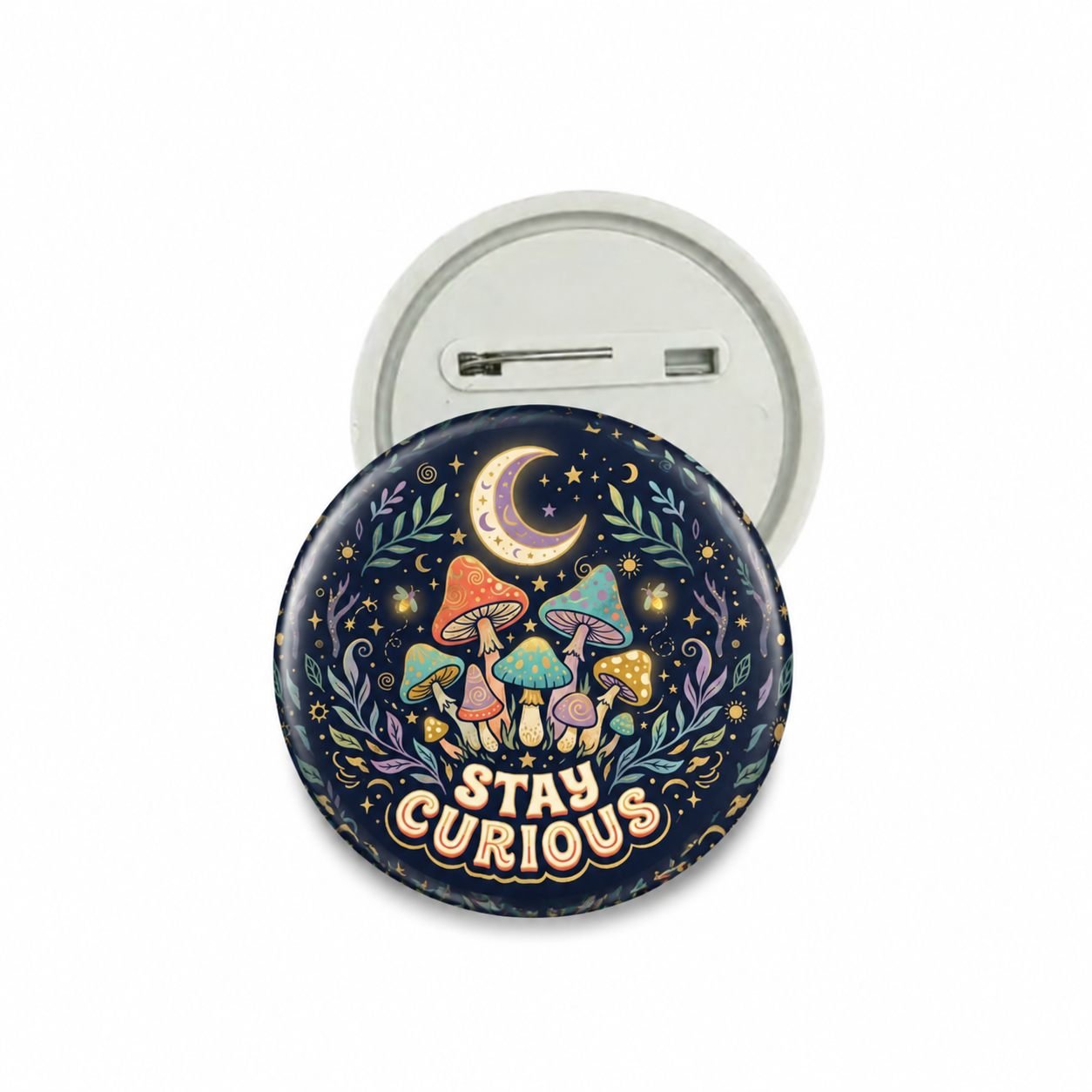 Stay Curious Moon and Mushroom Pin Badge view 1