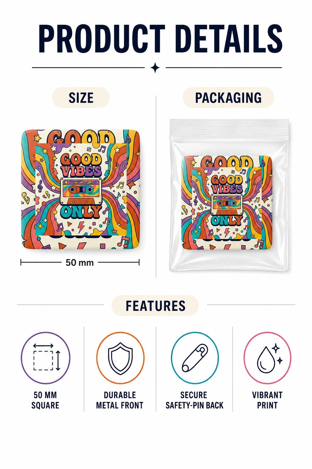 Good Vibes Only Retro Cassette Pin Badge view 5